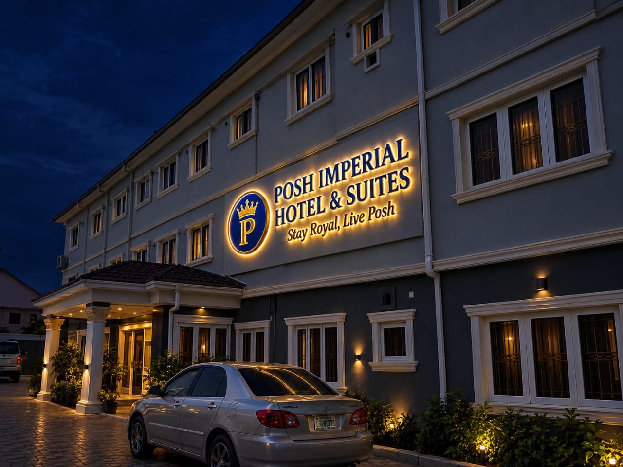 The hotel illuminated at night